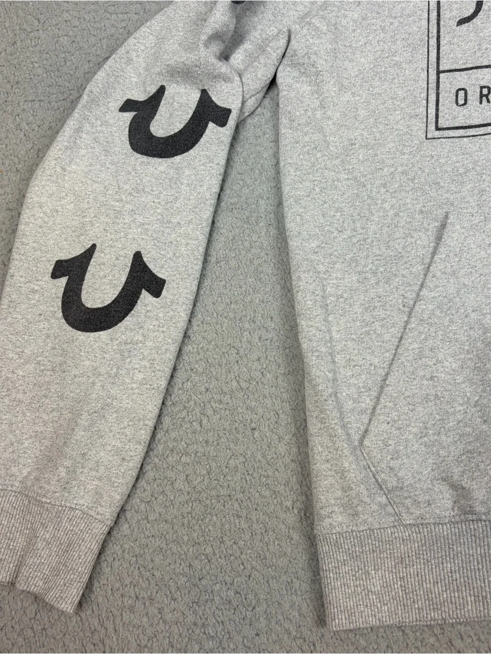 True Religion Hoodie Mens Large Light Gray Logo Drawstring Pockets Pullover